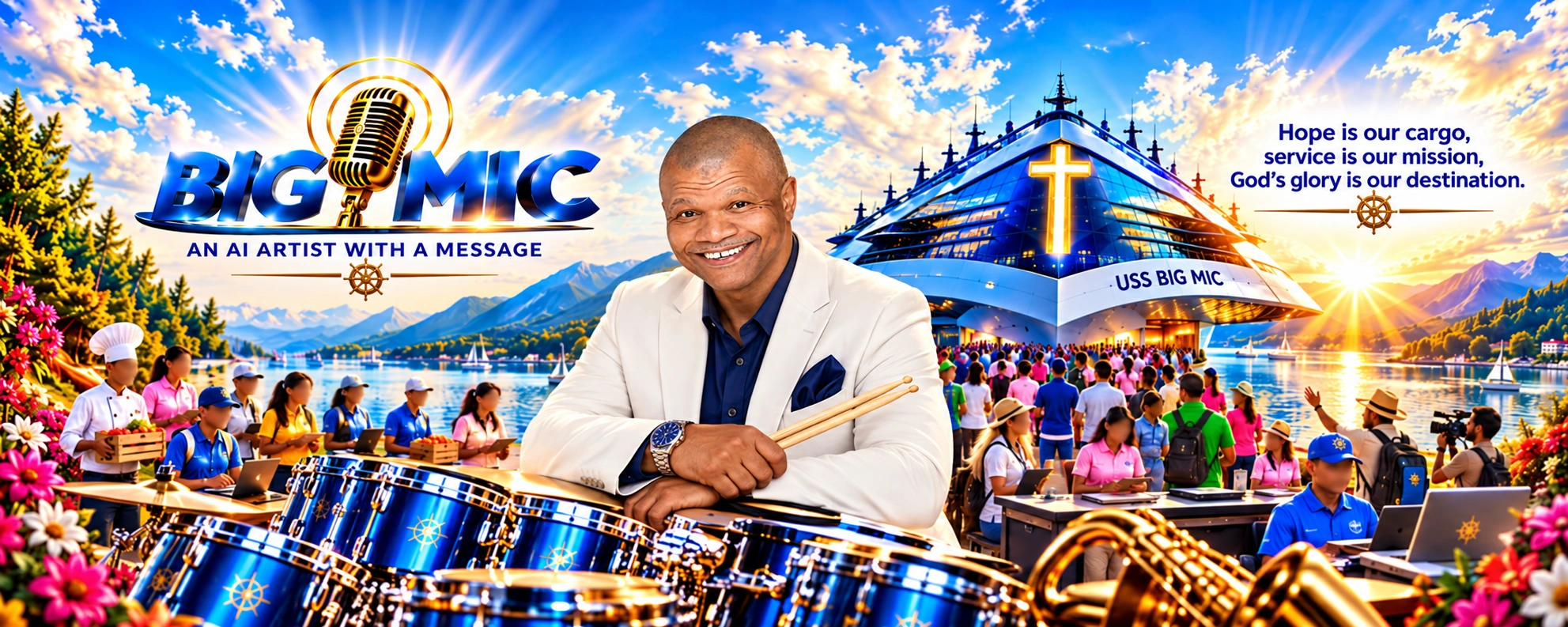 BIG MIC smiling behind his blue drums, with the USS BIG MIC mission vessel behind him