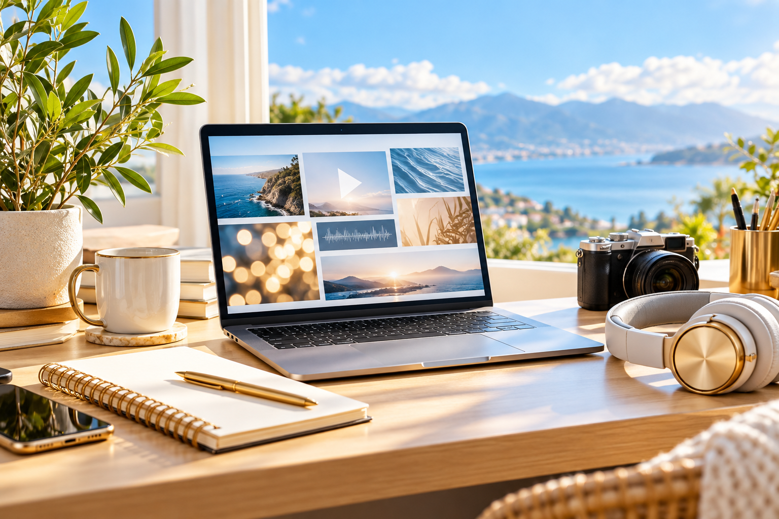 Illustrative creative learning workspace with laptop, notebook and media tools