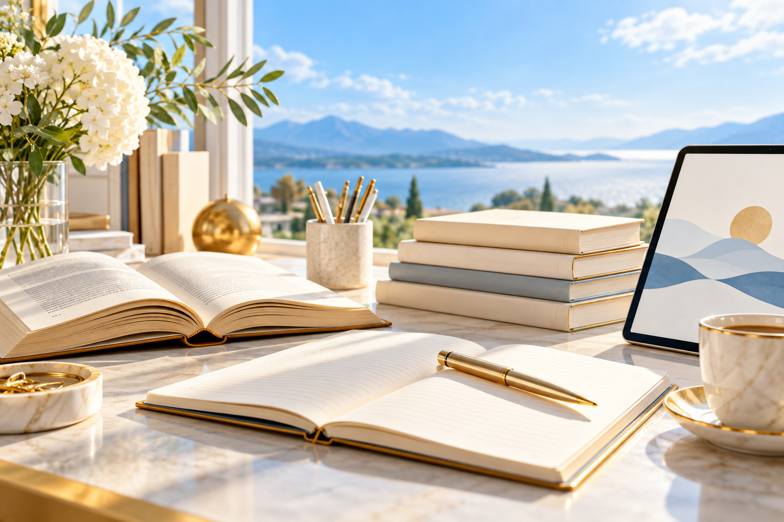 Illustrative publishing desk with books and writing tools