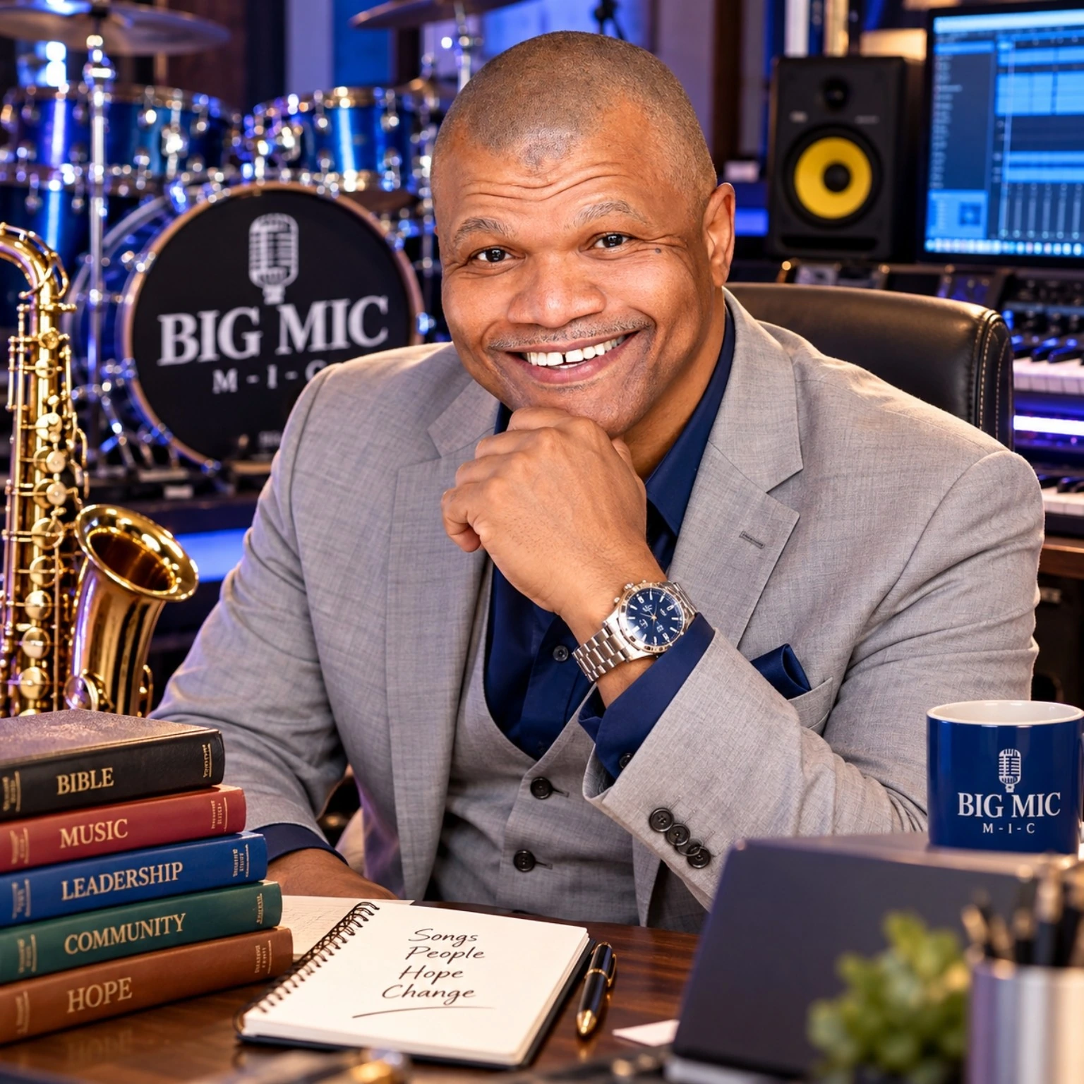 Dr. Michael A. Hayles, Sr., seated at his studio desk in a gray suit