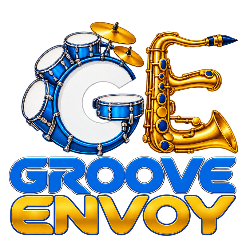 Groove Envoy logo with drums shaped as G and a gold saxophone shaped as E